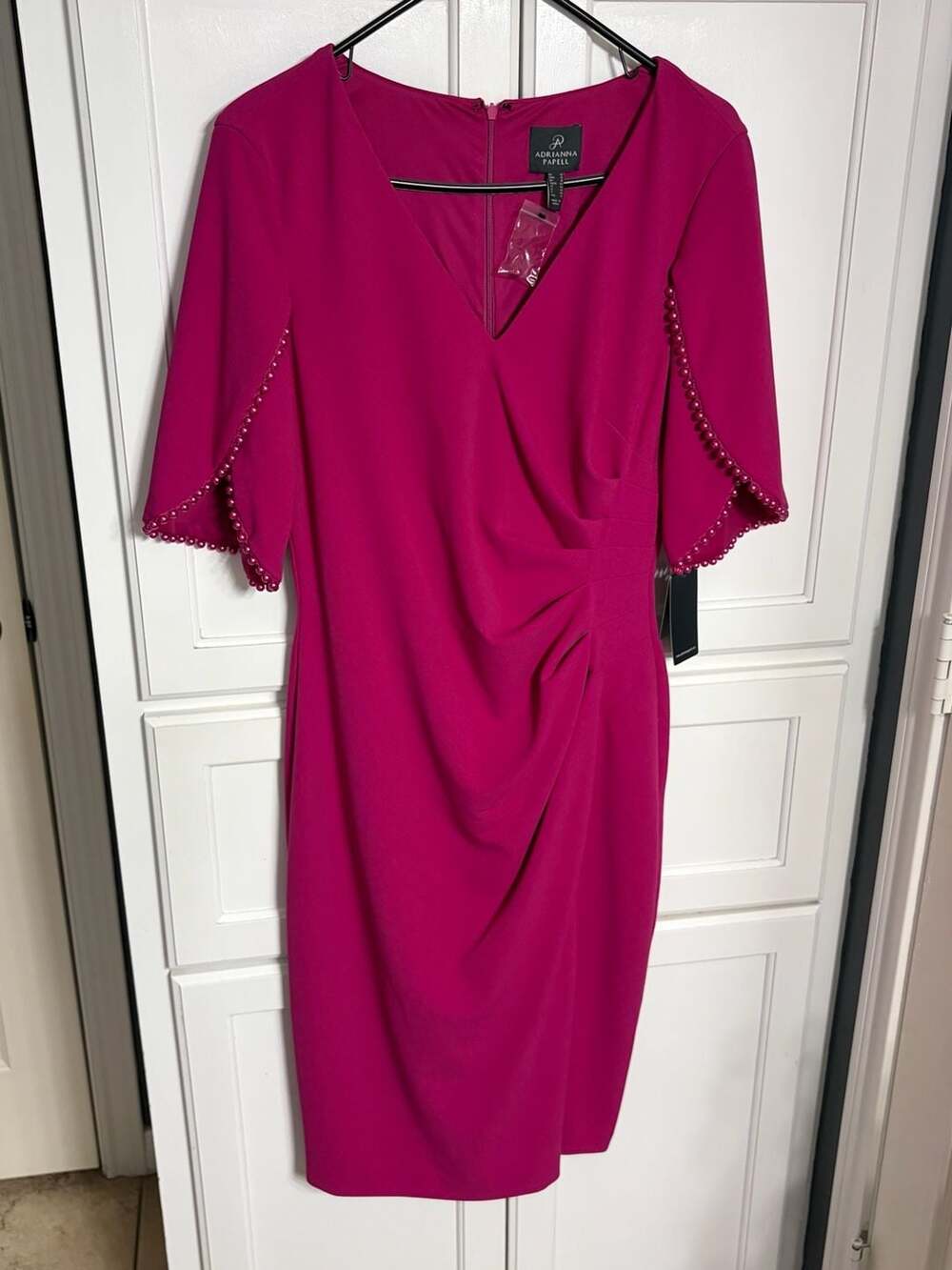 Adrianna Papell Pink Pearl-Trim Flutter Sleeve Sheath Formal Dress